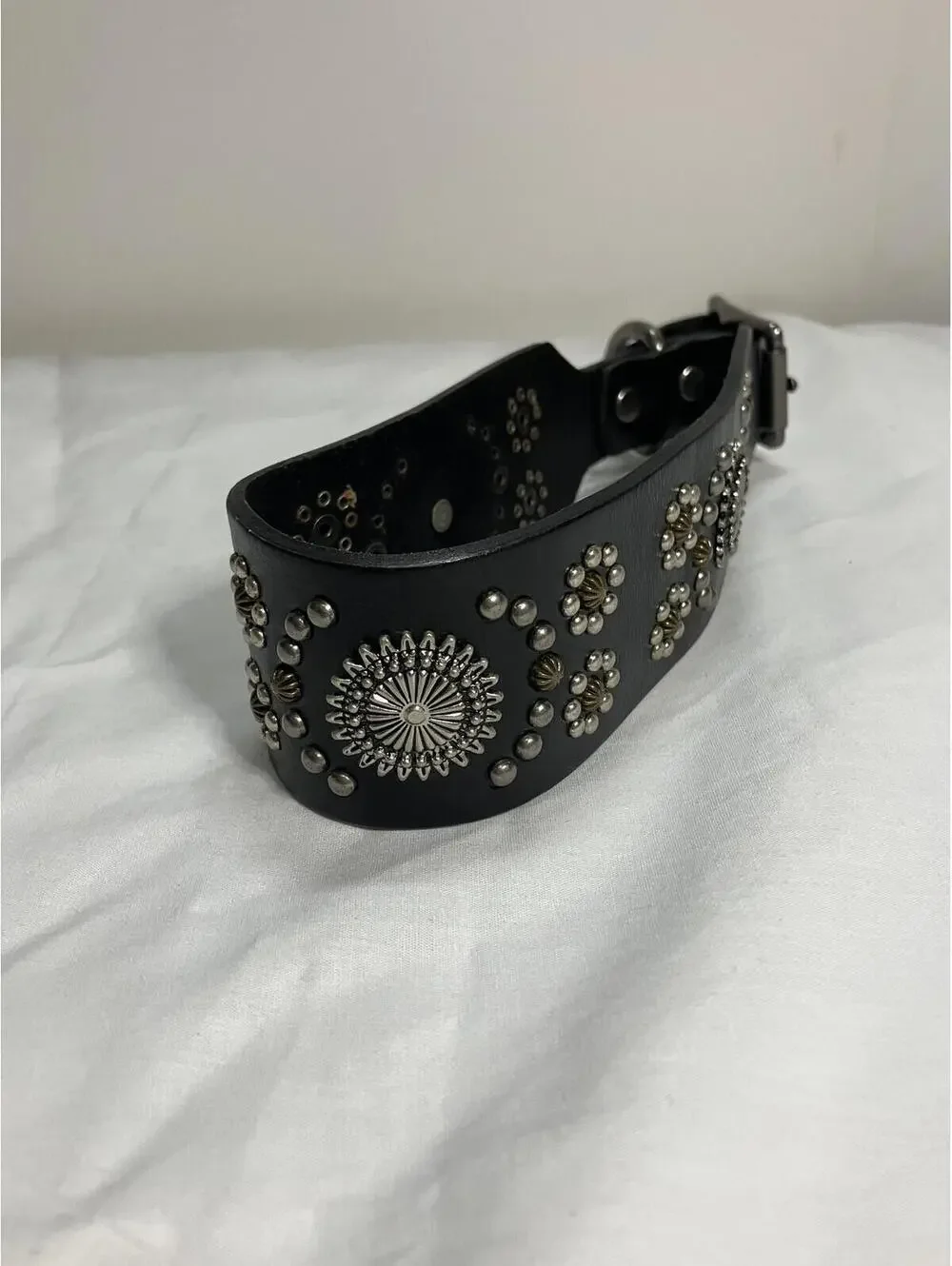 Puplr Pet Black Leather Studded Dog Collar Adjustable Wide Silver Studs Style